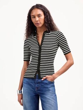 Madewell Women's The Signature Knit Sweater Polo Tee black white striped Abyss M